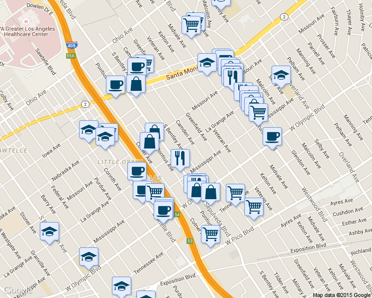 map of restaurants, bars, coffee shops, grocery stores, and more near 2000 Camden Avenue in Los Angeles