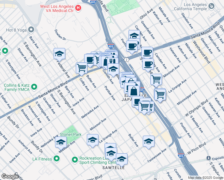 map of restaurants, bars, coffee shops, grocery stores, and more near 1730 Corinth Avenue in Los Angeles