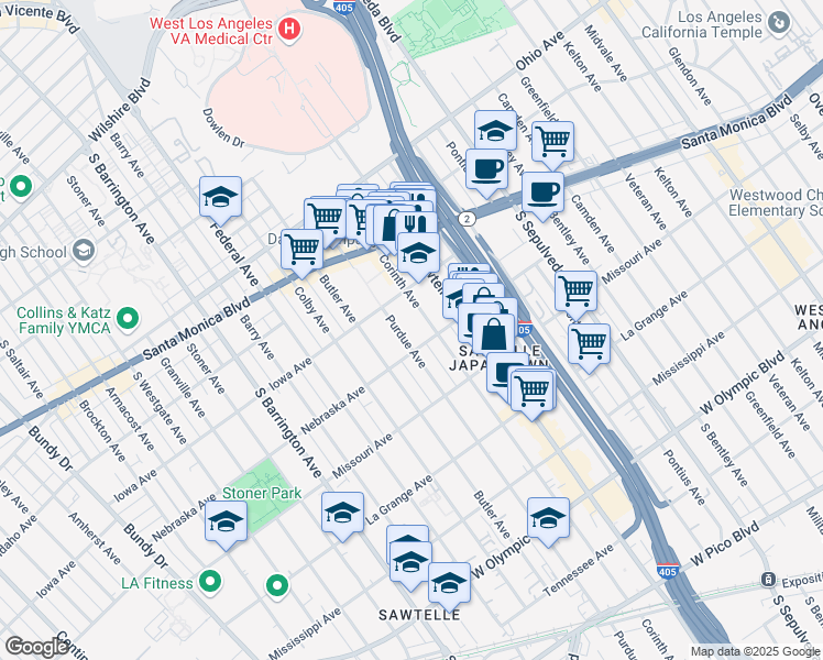 map of restaurants, bars, coffee shops, grocery stores, and more near 1730 Corinth Avenue in Los Angeles