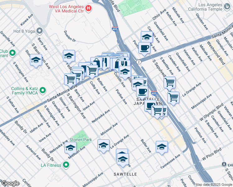 map of restaurants, bars, coffee shops, grocery stores, and more near 11360 Iowa Avenue in Los Angeles