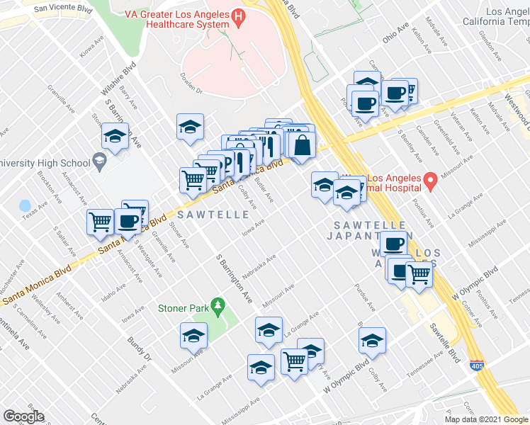 map of restaurants, bars, coffee shops, grocery stores, and more near 1659 Butler Avenue in Los Angeles