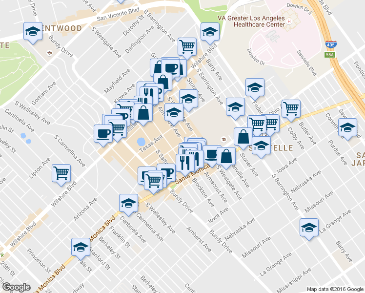map of restaurants, bars, coffee shops, grocery stores, and more near 1309 Armacost Avenue in Los Angeles