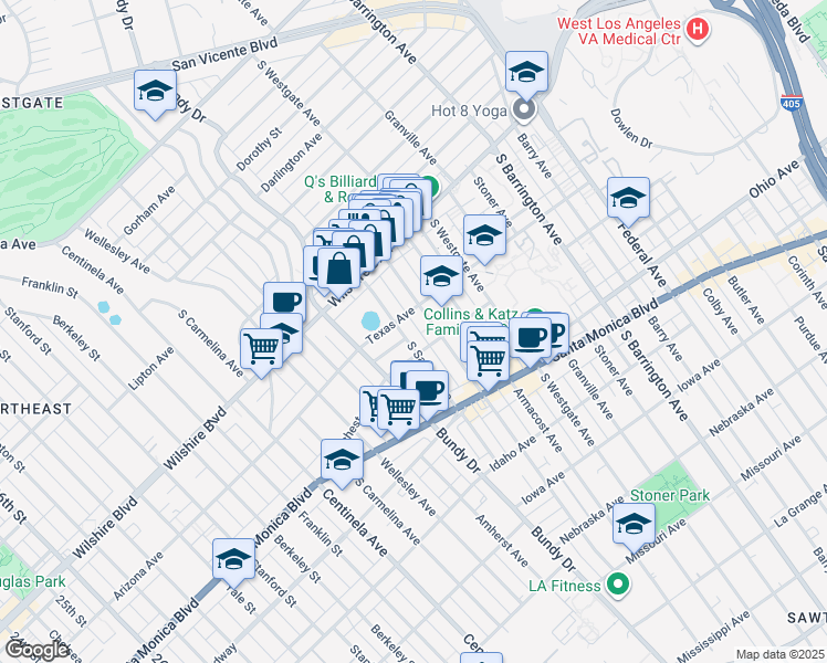 map of restaurants, bars, coffee shops, grocery stores, and more near 1301 Brockton Avenue in Los Angeles