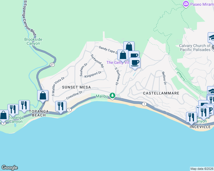 map of restaurants, bars, coffee shops, grocery stores, and more near 3917 Spray Lane in Malibu