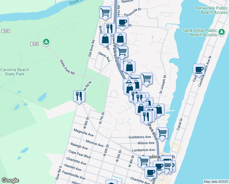 map of restaurants, bars, coffee shops, grocery stores, and more near 163 Olde Mariners Way in Carolina Beach