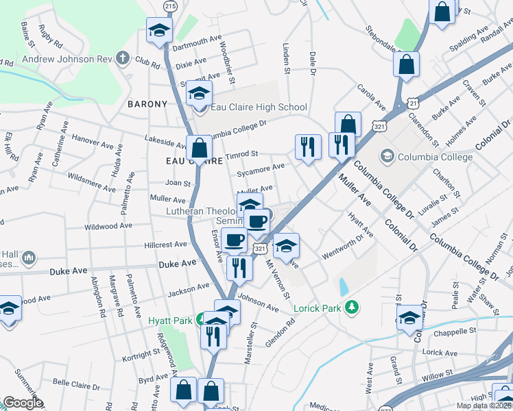 map of restaurants, bars, coffee shops, grocery stores, and more near 1004 Muller Avenue in Columbia