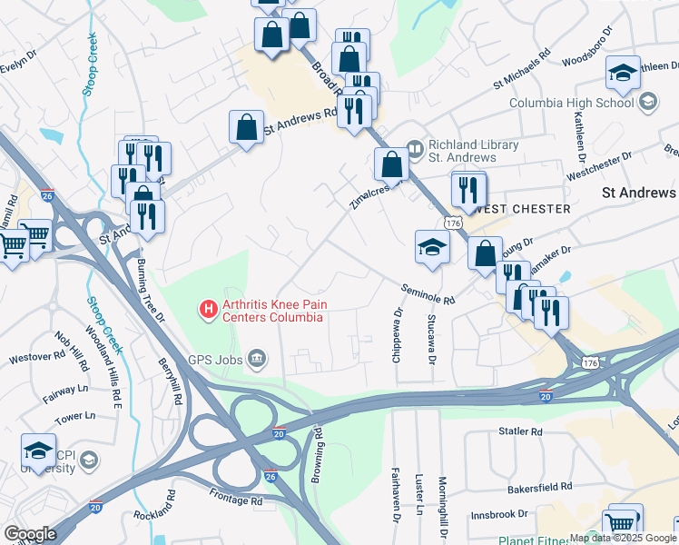 map of restaurants, bars, coffee shops, grocery stores, and more near 750 Zimalcrest Drive in Columbia