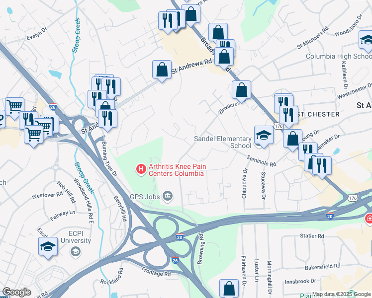 map of restaurants, bars, coffee shops, grocery stores, and more near 1101 Cloister Place in Columbia