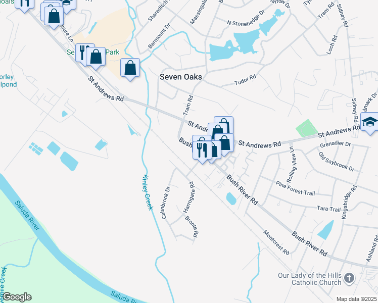 map of restaurants, bars, coffee shops, grocery stores, and more near 133 Dunaway Court in Columbia