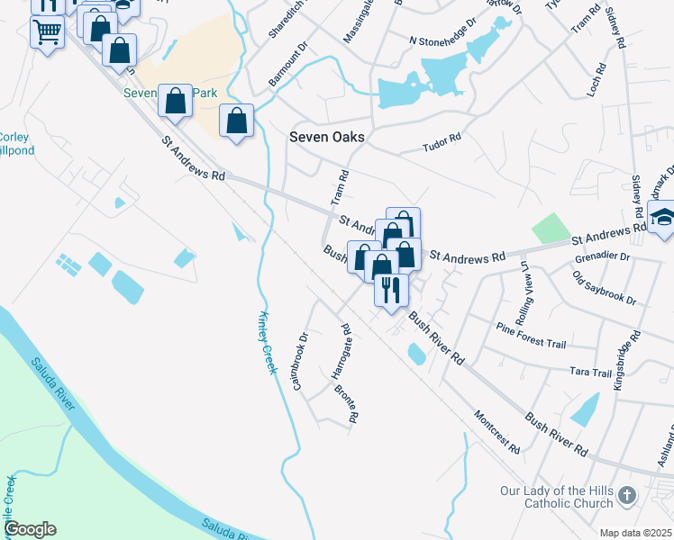 map of restaurants, bars, coffee shops, grocery stores, and more near 133 Dunaway Court in Columbia
