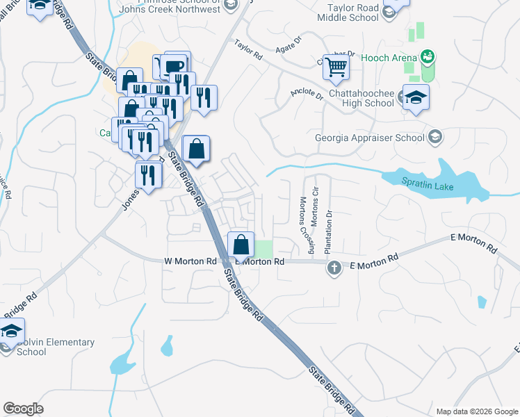 map of restaurants, bars, coffee shops, grocery stores, and more near 10811 Bossier Drive in Alpharetta