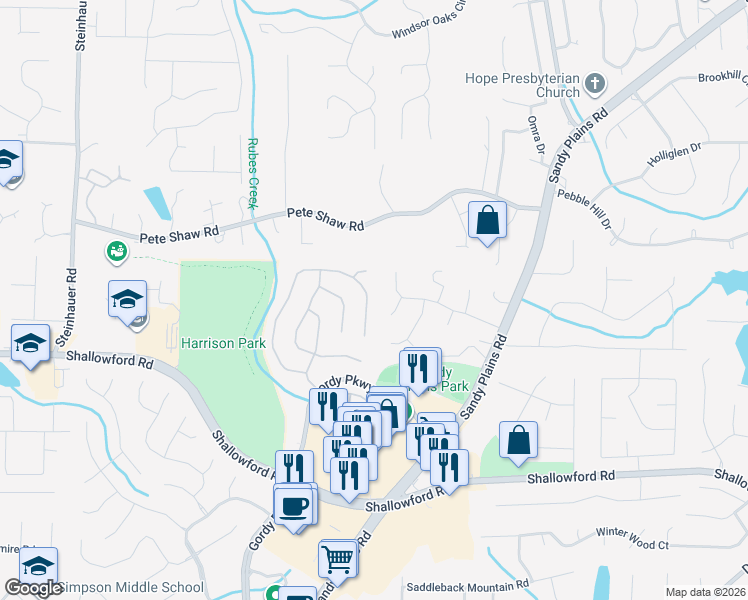 map of restaurants, bars, coffee shops, grocery stores, and more near 3809 Upland Drive in Marietta