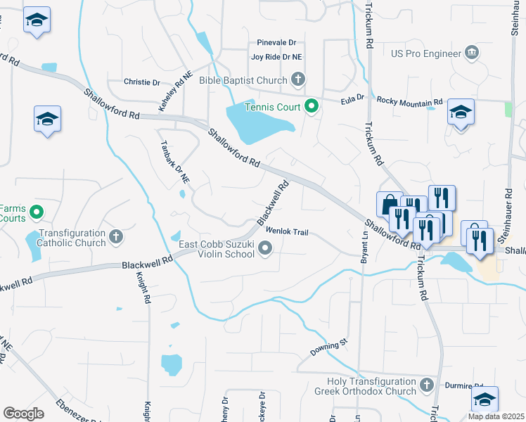 map of restaurants, bars, coffee shops, grocery stores, and more near 1998 Credence Court in Marietta