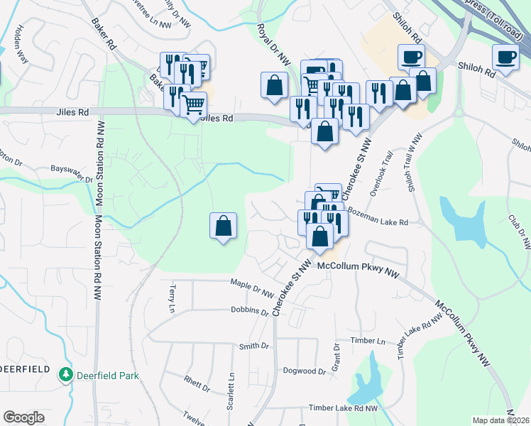map of restaurants, bars, coffee shops, grocery stores, and more near 1423 Shiloh Way Northwest in Kennesaw