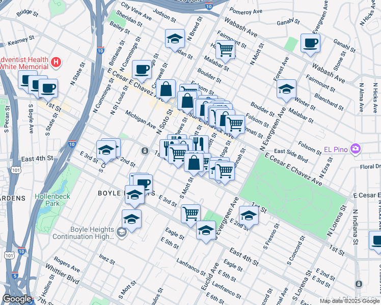 map of restaurants, bars, coffee shops, grocery stores, and more near 2607 Pennsylvania Avenue in Los Angeles