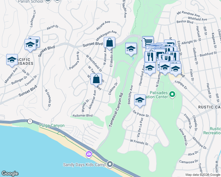 map of restaurants, bars, coffee shops, grocery stores, and more near 611 Erskine Drive in Los Angeles