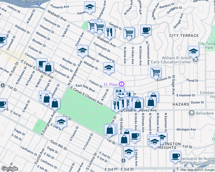 map of restaurants, bars, coffee shops, grocery stores, and more near 3221 Folsom Street in Los Angeles