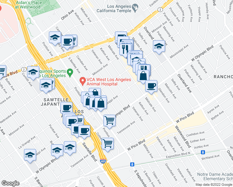 map of restaurants, bars, coffee shops, grocery stores, and more near 2026 Greenfield Avenue in Los Angeles