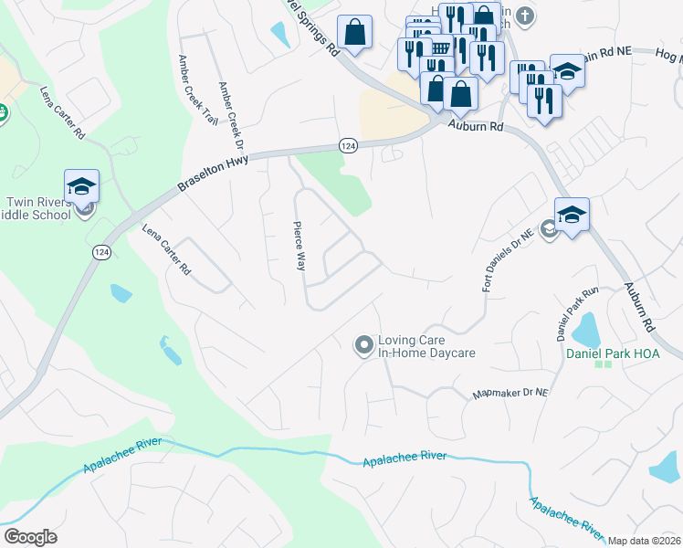 map of restaurants, bars, coffee shops, grocery stores, and more near 2482 Lance Ridge Way Northeast in Buford