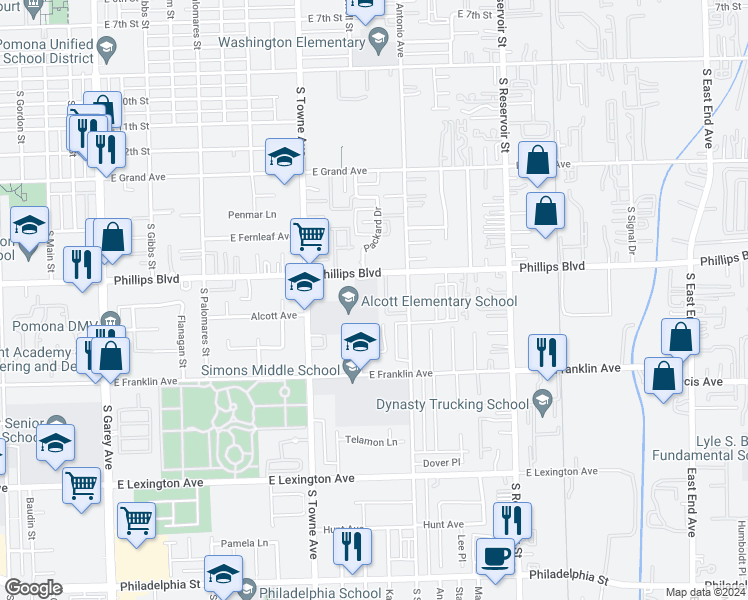 map of restaurants, bars, coffee shops, grocery stores, and more near 946 East Phillips Boulevard in Pomona