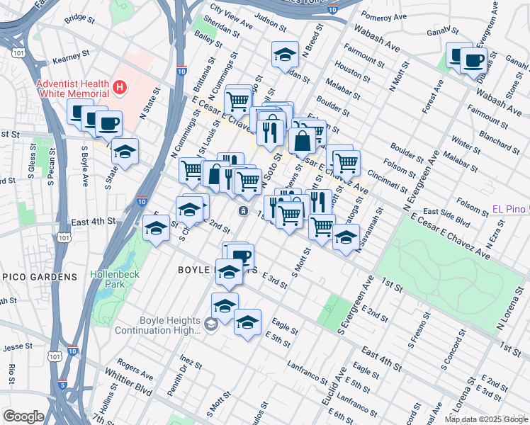 map of restaurants, bars, coffee shops, grocery stores, and more near 2423 East 1st Street in Los Angeles