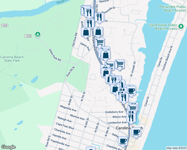 map of restaurants, bars, coffee shops, grocery stores, and more near 163 Olde Mariners Way in Carolina Beach