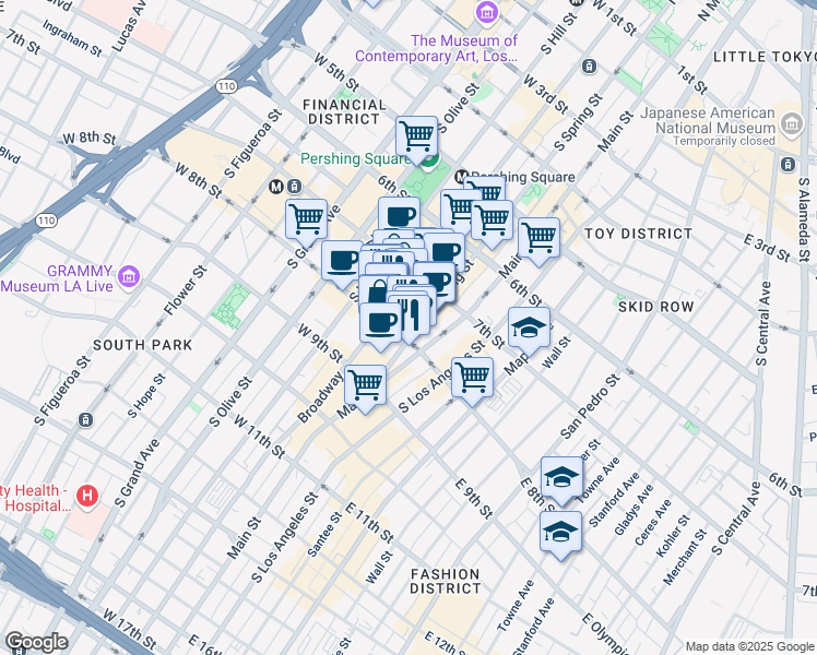 map of restaurants, bars, coffee shops, grocery stores, and more near 226 West 8th Street in Los Angeles