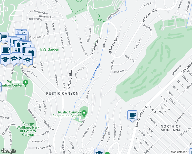 map of restaurants, bars, coffee shops, grocery stores, and more near 761 Latimer Road in Santa Monica