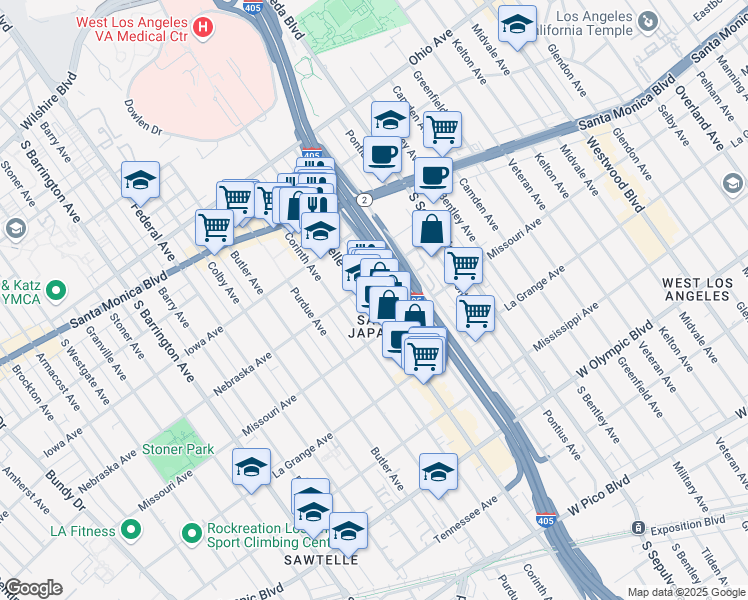map of restaurants, bars, coffee shops, grocery stores, and more near 1800 Sawtelle Boulevard in Los Angeles