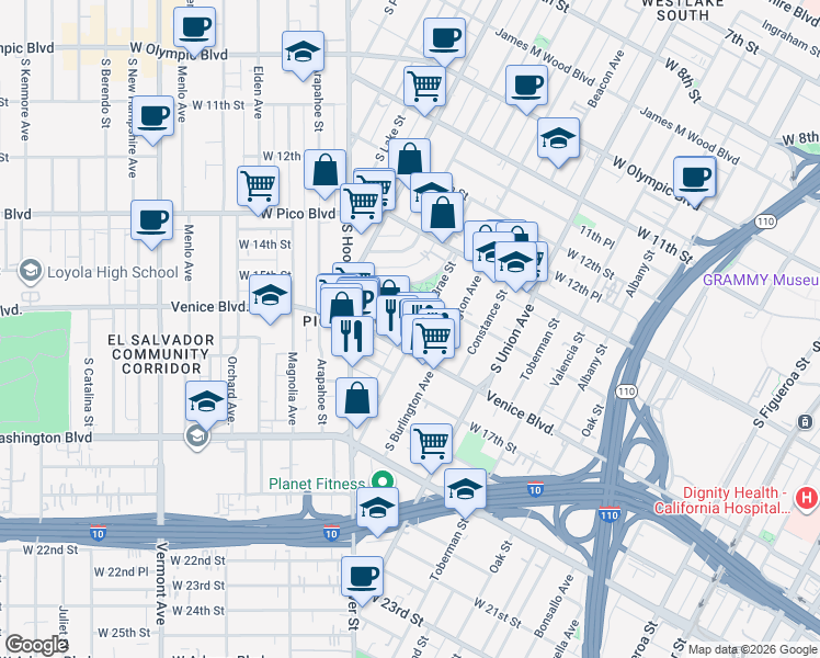 map of restaurants, bars, coffee shops, grocery stores, and more near 1437 South Bonnie Brae Street in Los Angeles