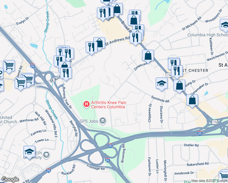 map of restaurants, bars, coffee shops, grocery stores, and more near 1101 Cloister Place in Columbia