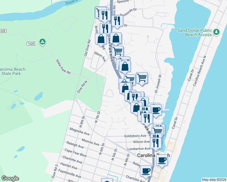 map of restaurants, bars, coffee shops, grocery stores, and more near 160 Olde Mariners Way in Carolina Beach