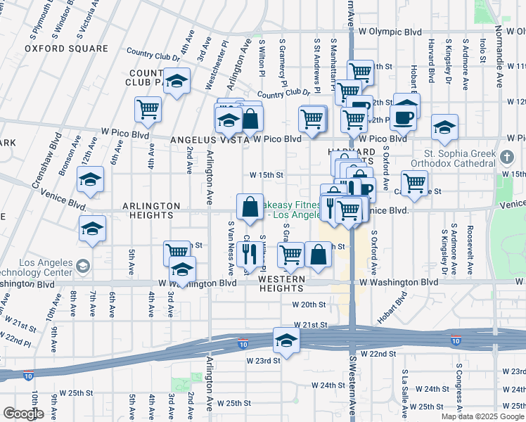 map of restaurants, bars, coffee shops, grocery stores, and more near Venice Blvd & S Wilton Pl in Los Angeles