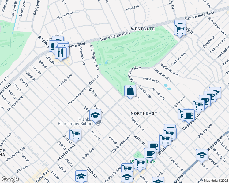 map of restaurants, bars, coffee shops, grocery stores, and more near 715 South Burlingame Avenue in Los Angeles