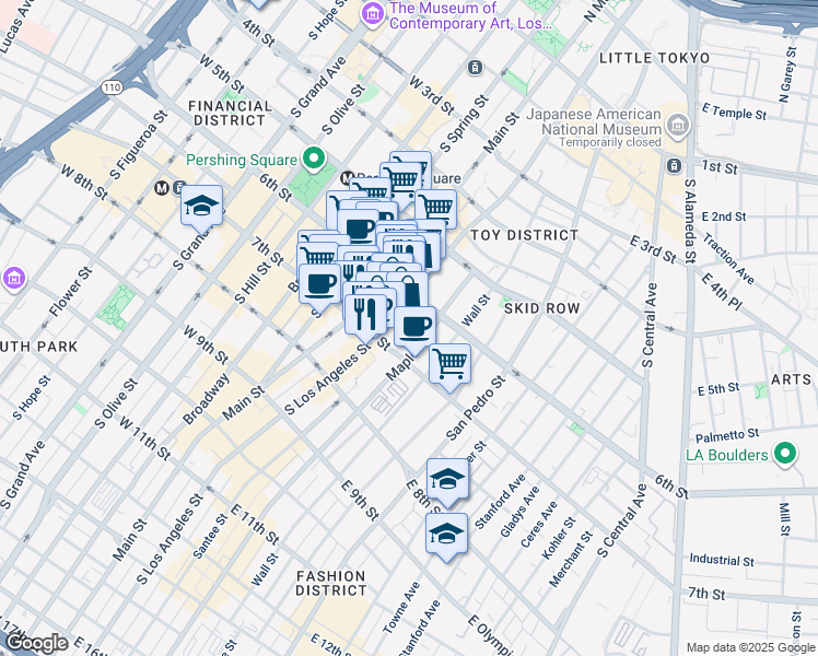 map of restaurants, bars, coffee shops, grocery stores, and more near 208 East 6th Street in Los Angeles