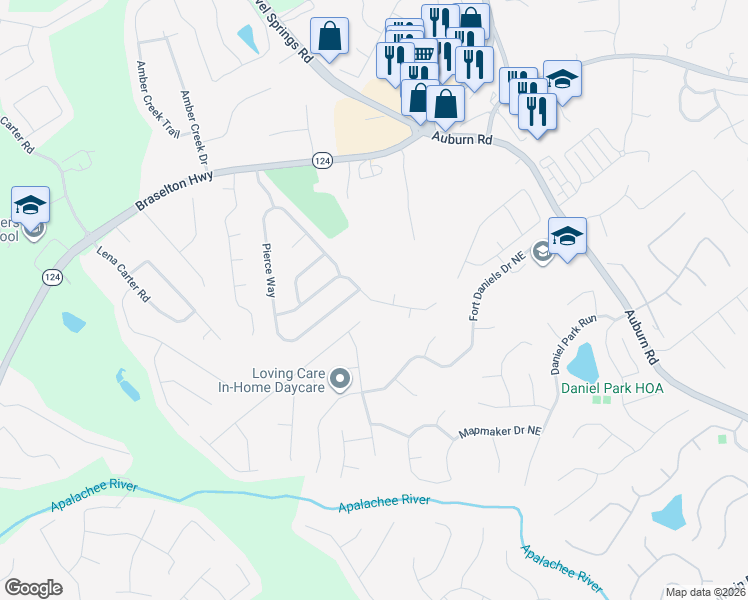 map of restaurants, bars, coffee shops, grocery stores, and more near 2582 Lance Ridge Way Northeast in Dacula