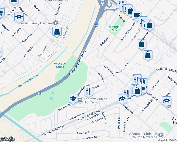 map of restaurants, bars, coffee shops, grocery stores, and more near 621 San Angelo Avenue in La Puente