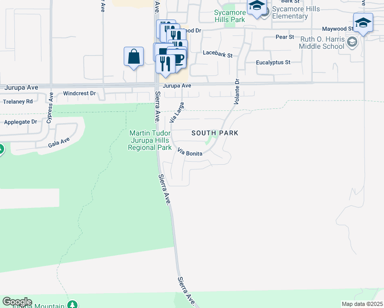 map of restaurants, bars, coffee shops, grocery stores, and more near Vía Bonita in Fontana