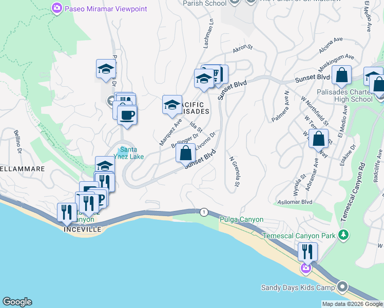 map of restaurants, bars, coffee shops, grocery stores, and more near 16861 Livorno Drive in Los Angeles