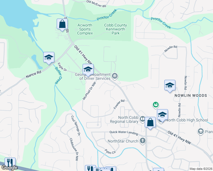 map of restaurants, bars, coffee shops, grocery stores, and more near 3600 Darcy Court in Kennesaw