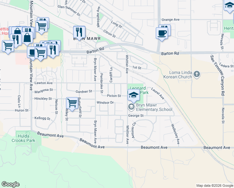 map of restaurants, bars, coffee shops, grocery stores, and more near 11571 Gwent Street in Loma Linda