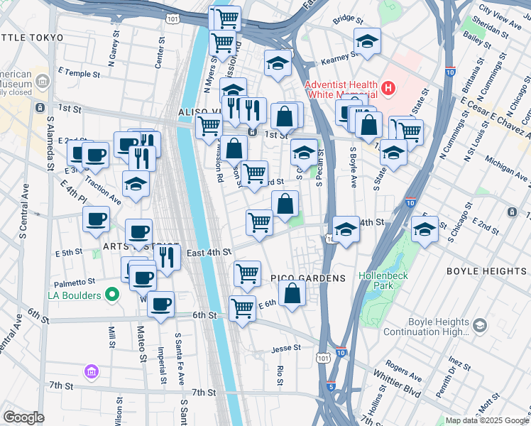 map of restaurants, bars, coffee shops, grocery stores, and more near 1410 Boyd Street in Los Angeles