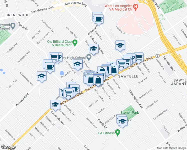 map of restaurants, bars, coffee shops, grocery stores, and more near 1452 South Westgate Avenue in Los Angeles