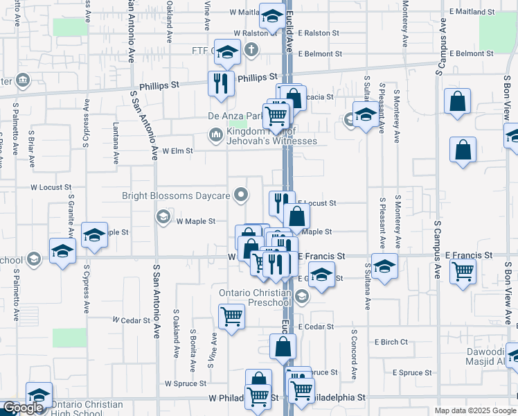 map of restaurants, bars, coffee shops, grocery stores, and more near 1620 South Laurel Avenue in Ontario