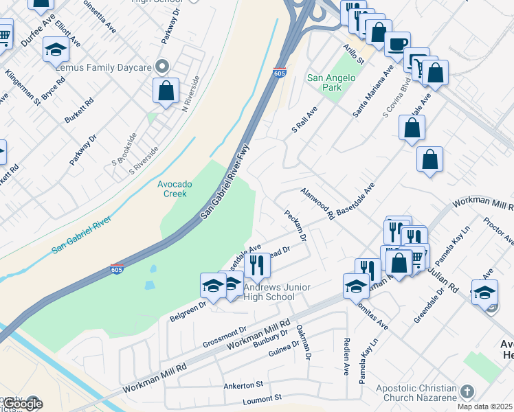 map of restaurants, bars, coffee shops, grocery stores, and more near 621 San Angelo Avenue in La Puente