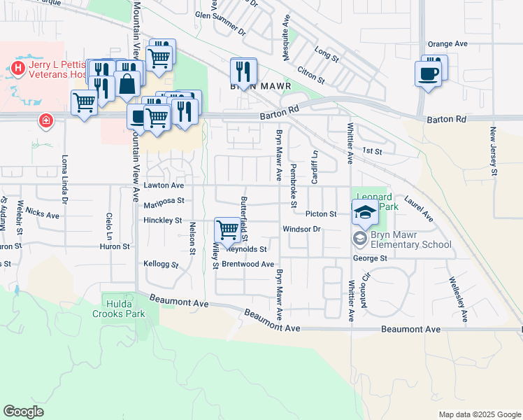 map of restaurants, bars, coffee shops, grocery stores, and more near 26051 Gardner Street in Loma Linda