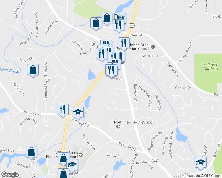 map of restaurants, bars, coffee shops, grocery stores, and more near 283 Gold Cove Lane in Duluth