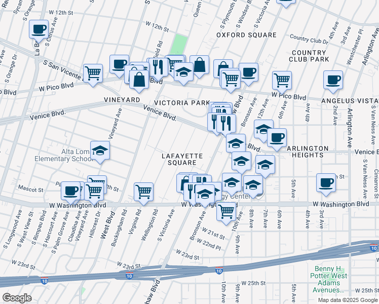 map of restaurants, bars, coffee shops, grocery stores, and more near 1662 Wellington Road in Los Angeles