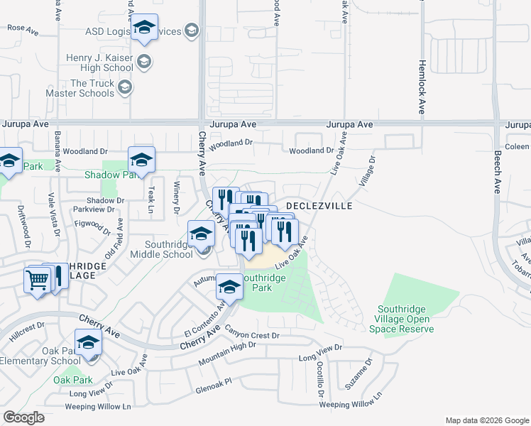 map of restaurants, bars, coffee shops, grocery stores, and more near 14692 Silktree Drive in Fontana