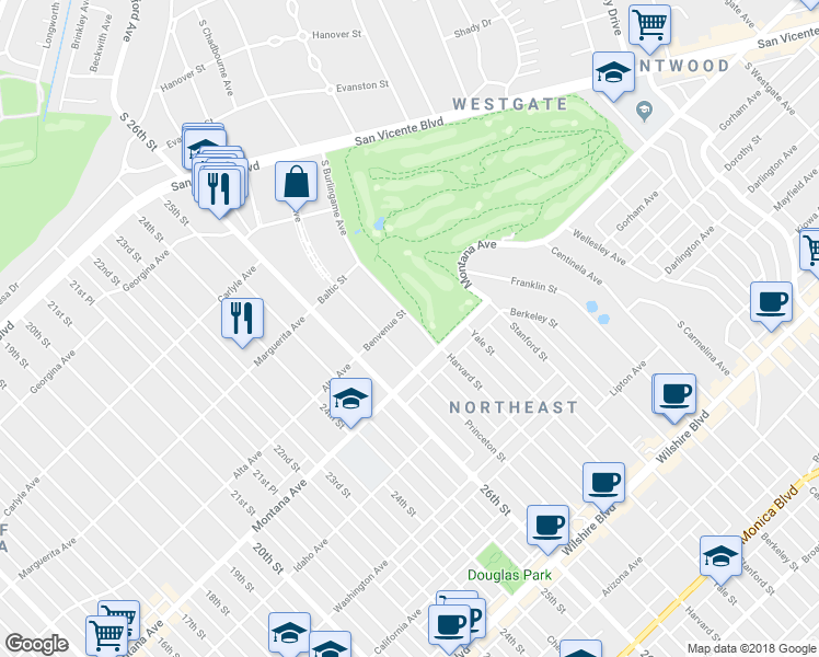 map of restaurants, bars, coffee shops, grocery stores, and more near 715 South Burlingame Avenue in Los Angeles